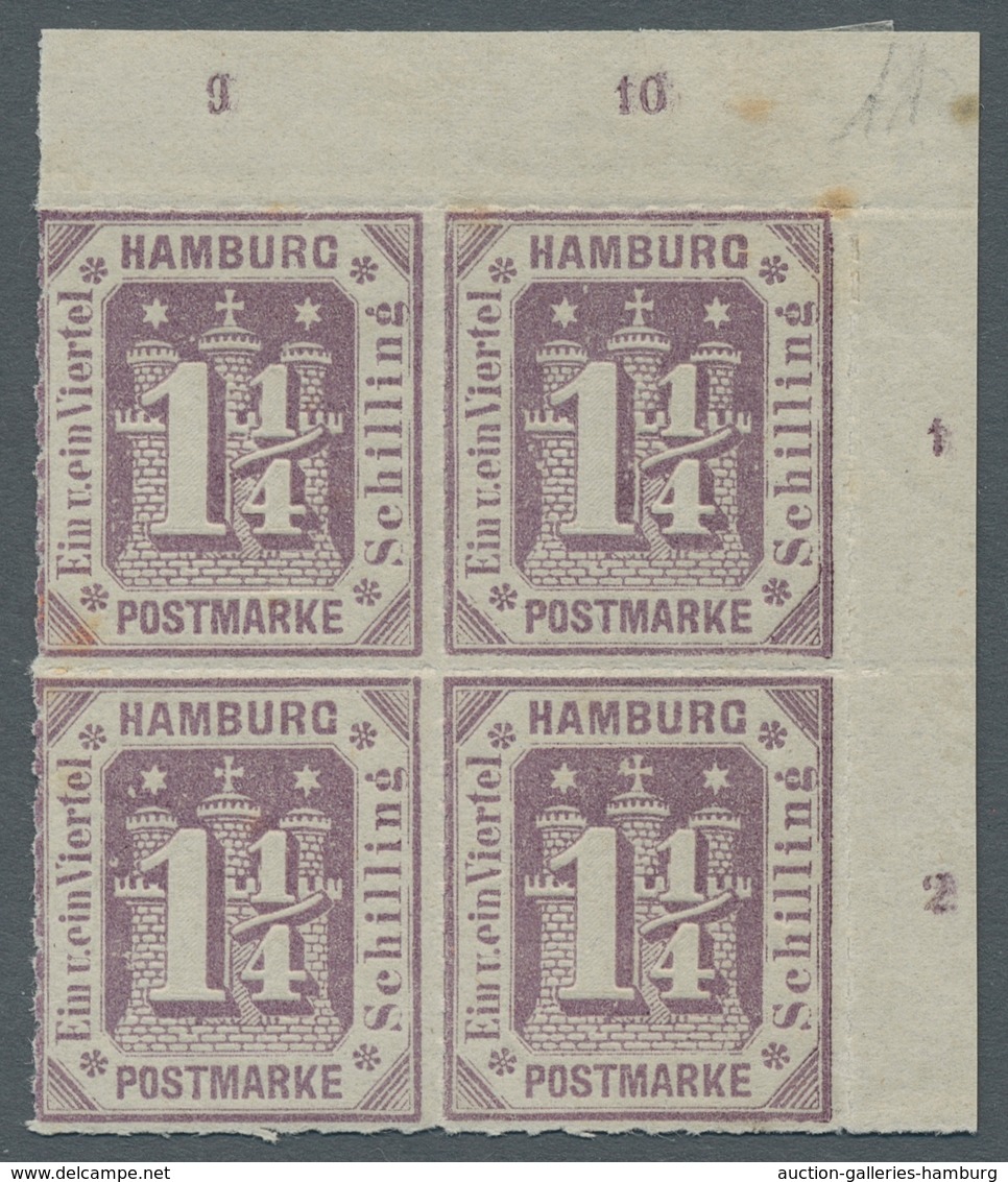 Hamburg - Marken Und Briefe: 1866 , 1 1/4 S Grauviolett, Ungebrauchter Eckrandviererblock Mit Reihen - Hambourg