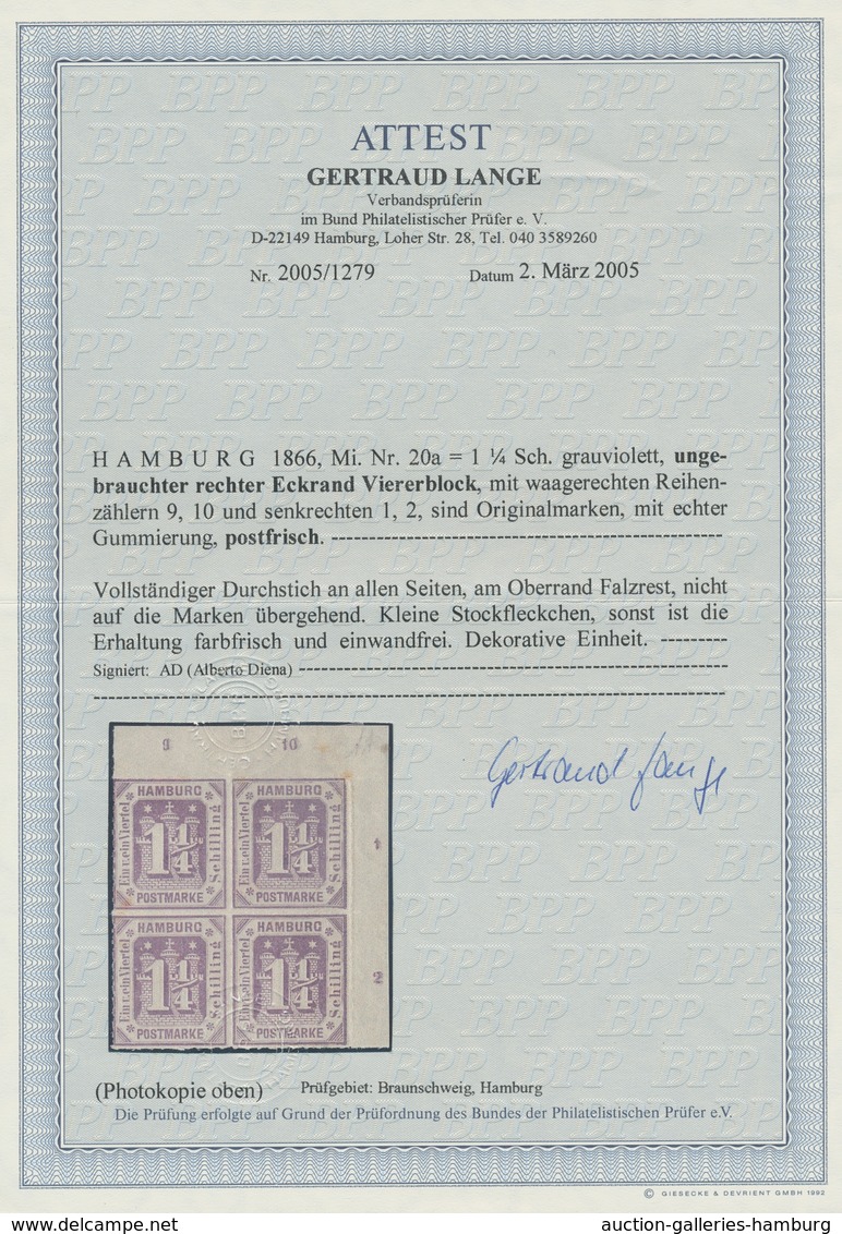 Hamburg - Marken Und Briefe: 1866 , 1 1/4 S Grauviolett, Ungebrauchter Eckrandviererblock Mit Reihen - Hamburg