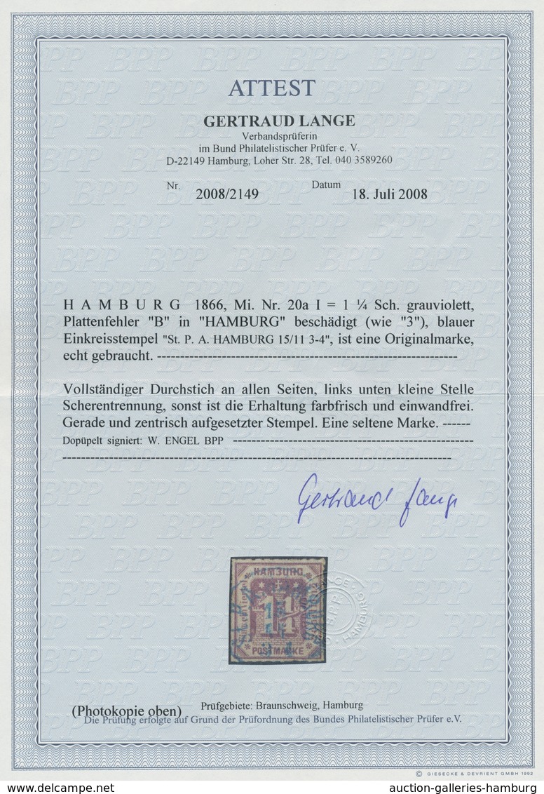 Hamburg - Marken Und Briefe: 1866, 1 1/4 S Grauviolett, Farbfrisch, Mit Dem Seltenen PLF "B" In Hamb - Hambourg