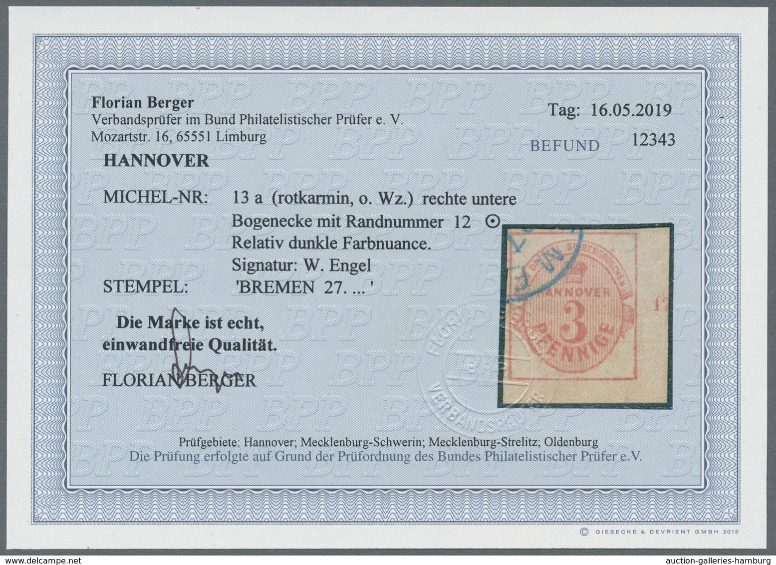 Hannover - Marken Und Briefe: 1859, Krone Im Oval 3 Pfennig, Rechte Untere Bogenecke Mit Randnummer - Hanover