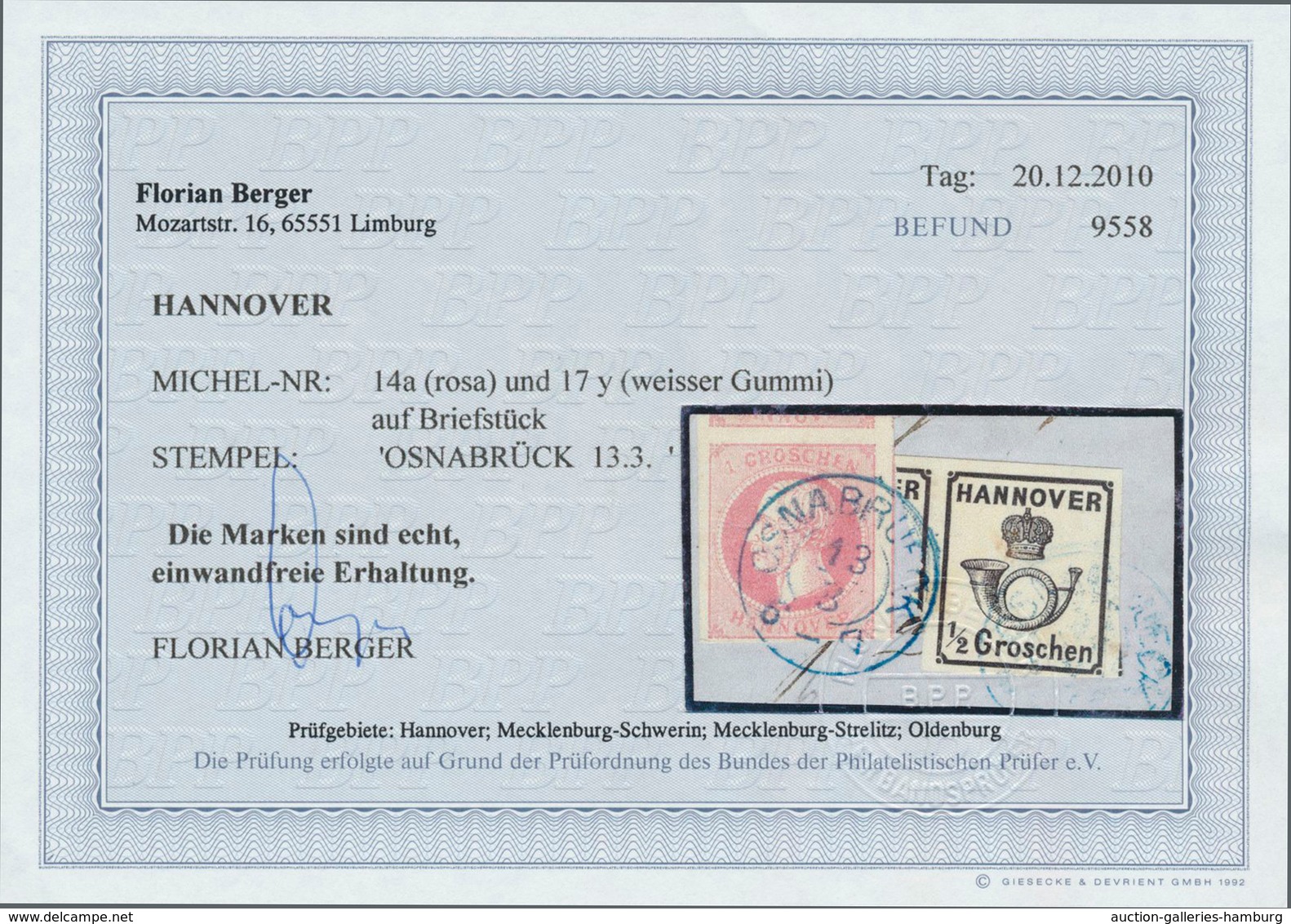 Hannover - Marken Und Briefe: 1860: ½ Gr Mit Weißer Gummierung, Im Paar Geklebt Mit 1 Gr Georg V. Au - Hanover
