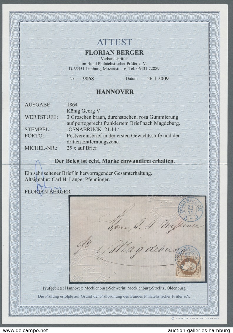 Hannover - Marken Und Briefe: 1864, 3 Gr Braun Mit Rosa Gummirung, Phantastisch Farbfrisches Luxusst - Hannover