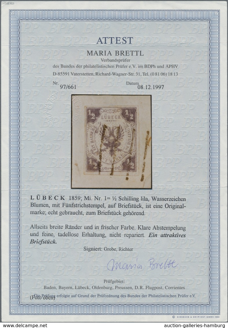 Lübeck - Marken Und Briefe: 1859, Wappenausgabe ½ Schilling Dunkelviolettgrau, Farbfrischer Und Voll - Luebeck