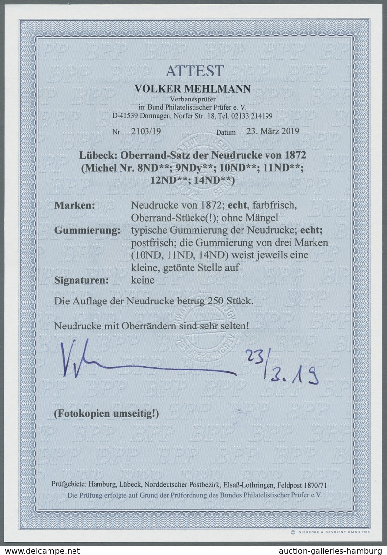 Lübeck - Marken Und Briefe: 1872, Wappenausgabe, Kompletter Postfrischer Satz Geschnittene Neudrucke - Luebeck