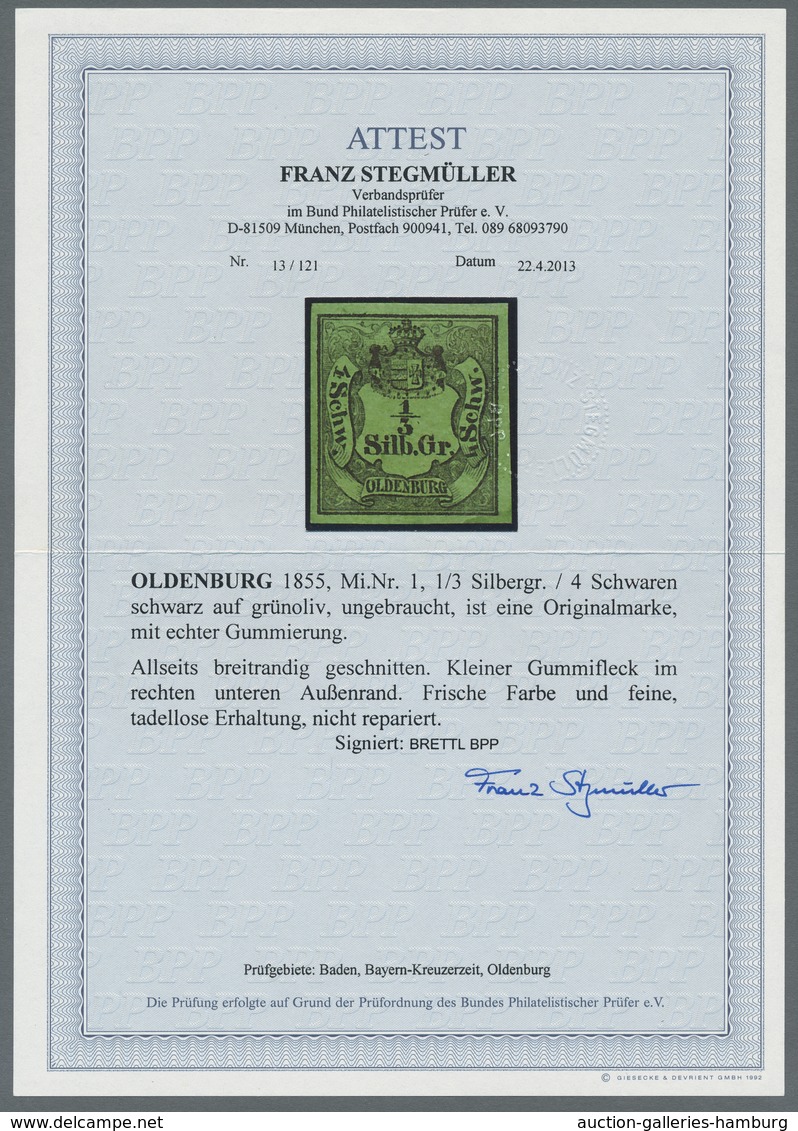 Oldenburg - Marken Und Briefe: 1855, 1/3 Sgr Auf Grünoliv, Ungebraucht, Farbfrisches, Rundum Gleichm - Oldenburg