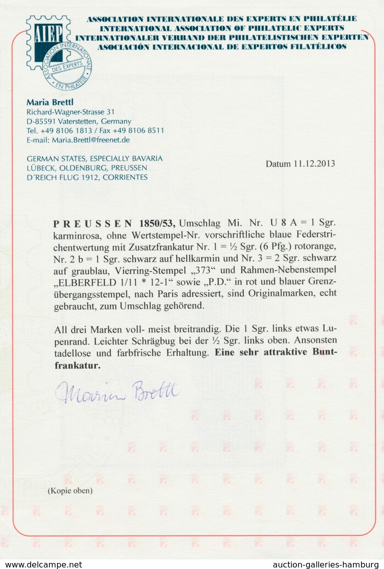 Preußen - Marken Und Briefe: 1850: ½ Sgr. Rotorange, 1 Sgr. Auf Hellkarmin Sowie 2 Sgr. Auf Blau Im - Andere & Zonder Classificatie