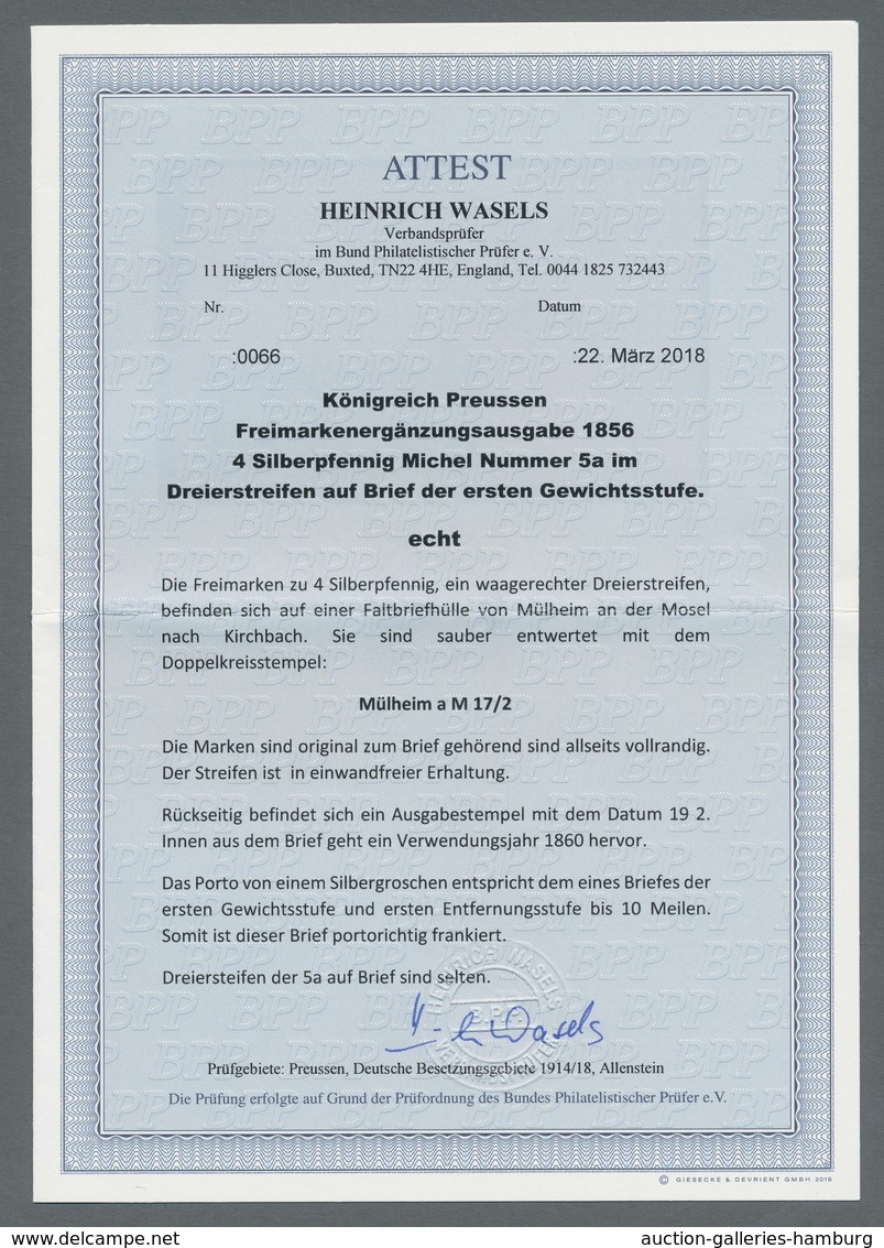 Preußen - Marken Und Briefe: 1856, 4 Pfg Grün Im Waagerechten Dreierstreifen Auf Tarifgerecht Freige - Sonstige & Ohne Zuordnung