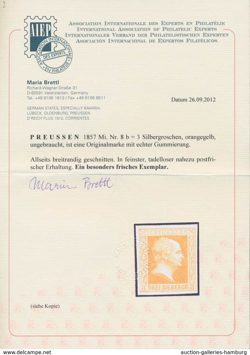 Preußen - Marken Und Briefe: 1857, 3 Sgr. Orangegelb, Ungebraucht Mit Vollem Originalgummi Und Nur W - Other & Unclassified