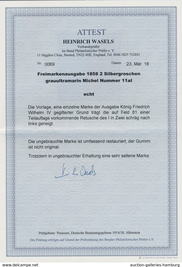 Preußen - Marken Und Briefe: 1858, 2 Sgr. Grauultramarin, Mit SEHR SELTENEM PLATTENFEHLER (Michel I) - Sonstige & Ohne Zuordnung