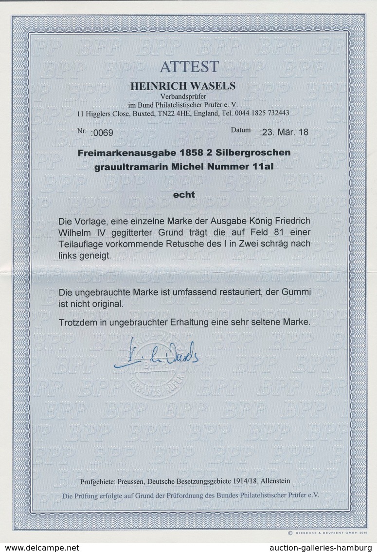 Preußen - Marken Und Briefe: 1858, 2 Sgr. Grauultramarin, Mit SEHR SELTENEM PLATTENFEHLER (Michel I) - Other & Unclassified
