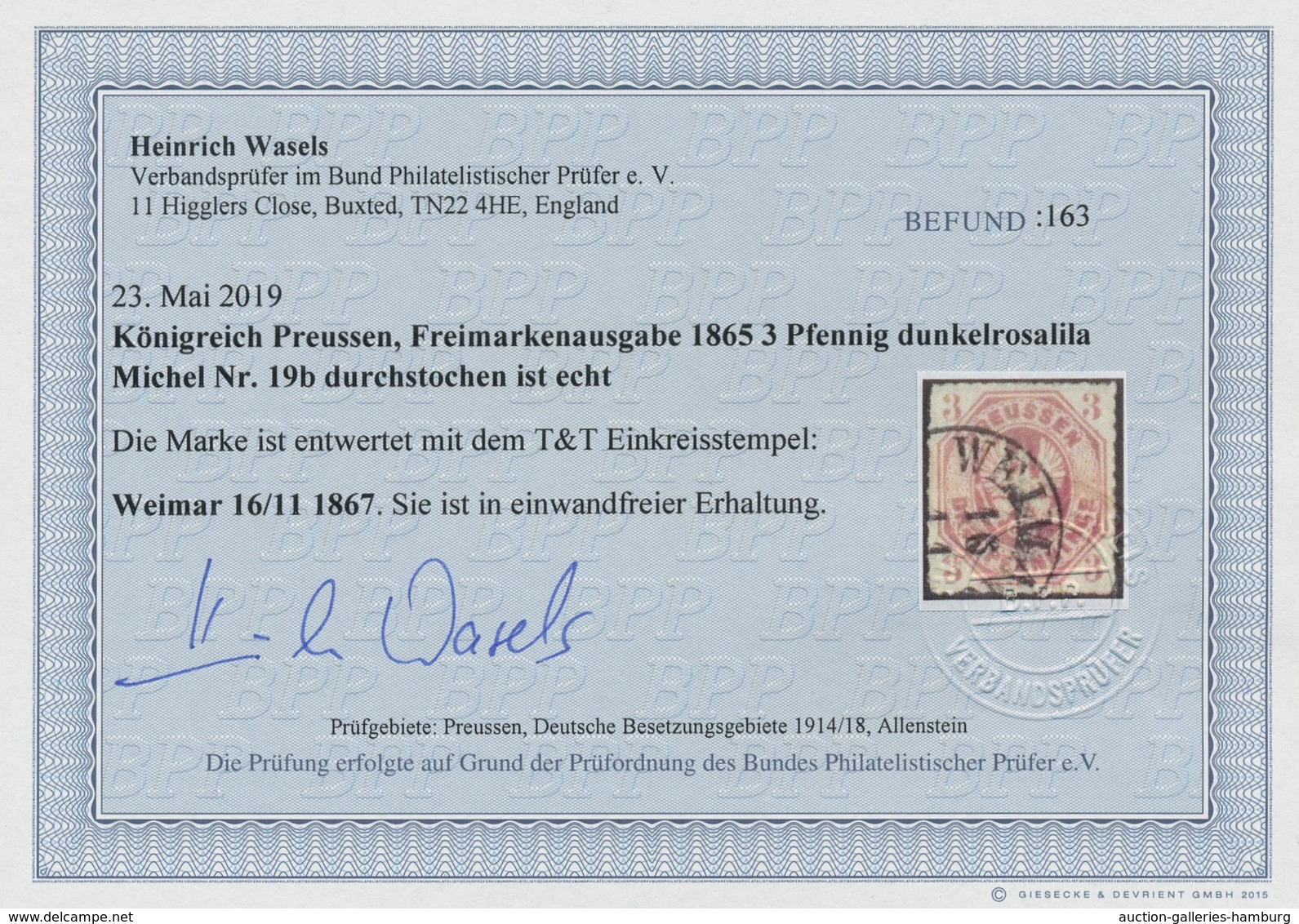 Preußen - Marken Und Briefe: 1865, 3 Pfennig Dunkelrosalila Durchstochen Mit Einkreisstempel "Weimar - Sonstige & Ohne Zuordnung