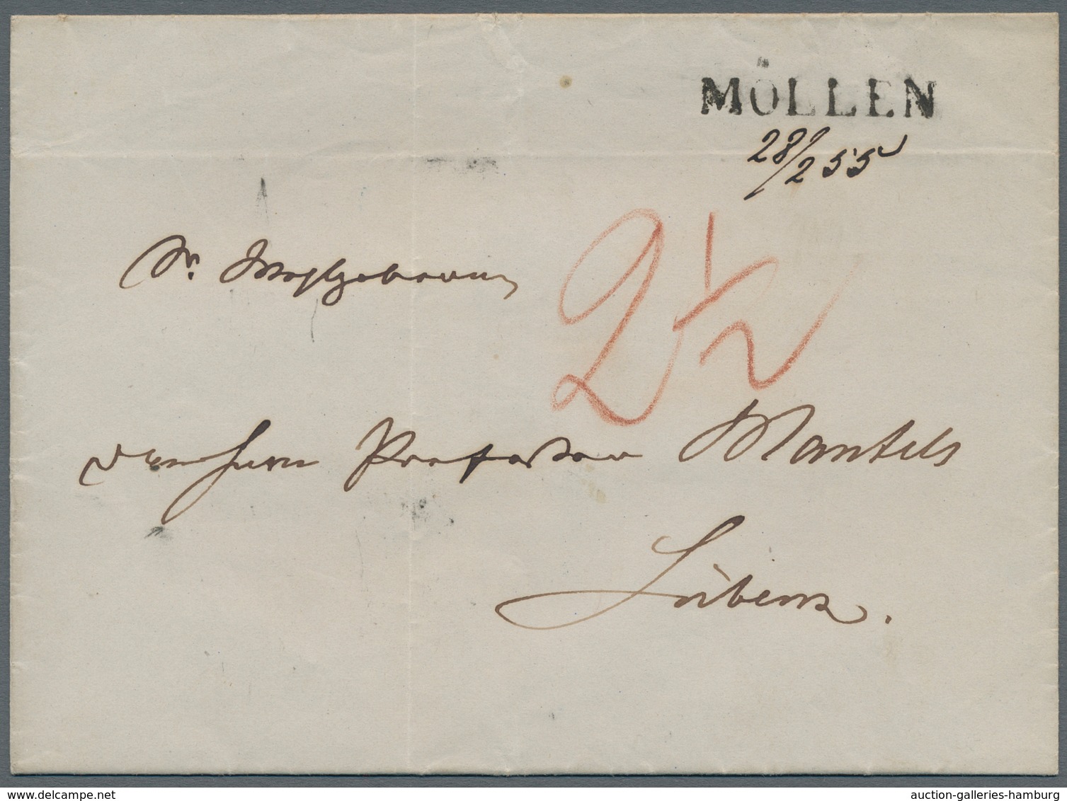 Schleswig-Holstein - Ortsstempel: MÖLLN 1855 Möllen, Handschriftliches Datum 28/2/55, Hb Nr.10 Auf B - Sonstige & Ohne Zuordnung