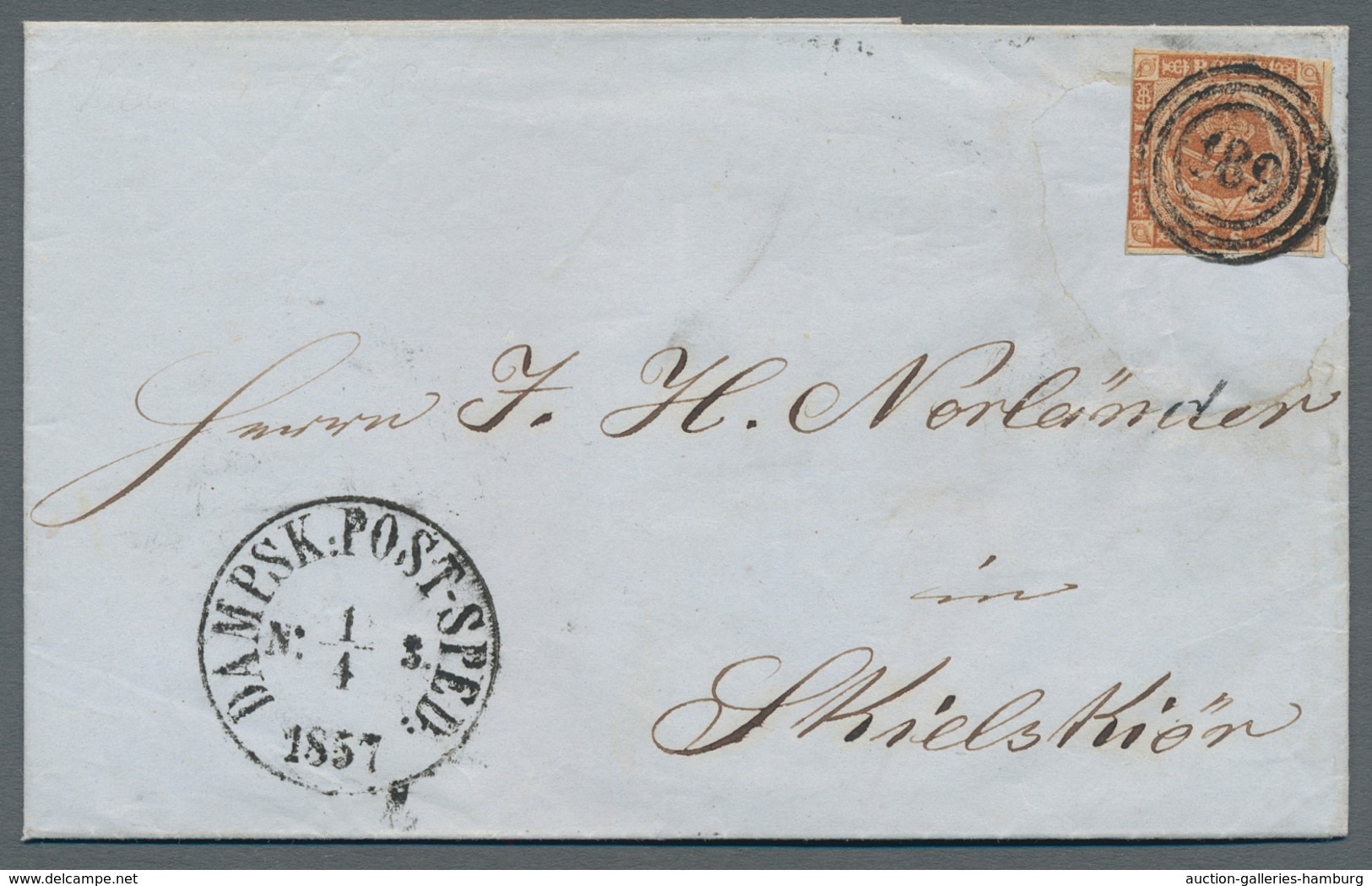 Schleswig-Holstein - Stempel Auf Dänemark: 1857 DAMPSK.POST-SPED Nr.3 Auf Kplt Brief Mit DK Nr.4 (an - Sonstige & Ohne Zuordnung