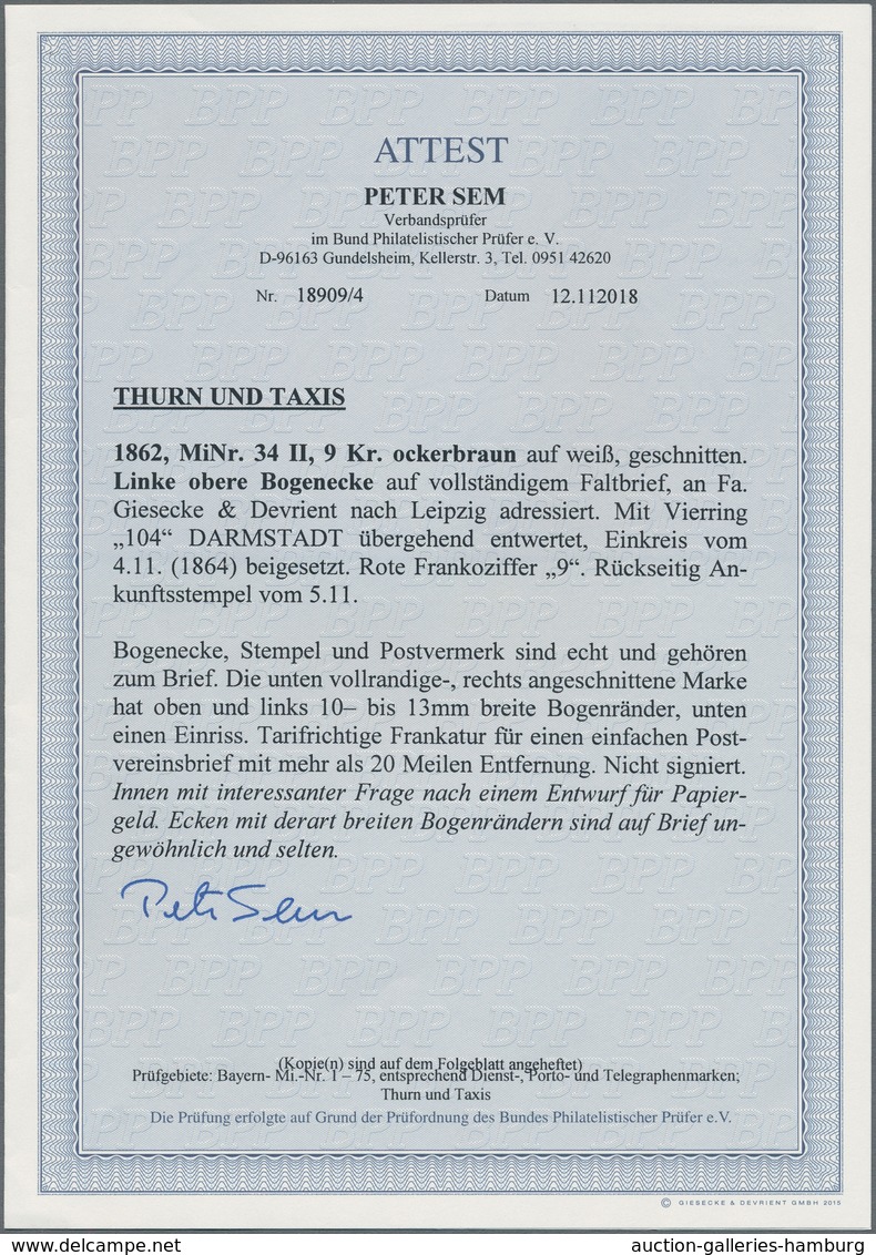 Thurn & Taxis - Marken Und Briefe: 1862, 9 Kr. Ockerbraun Aus Der Linken Oberen Bogenecke Auf Vollst - Otros & Sin Clasificación