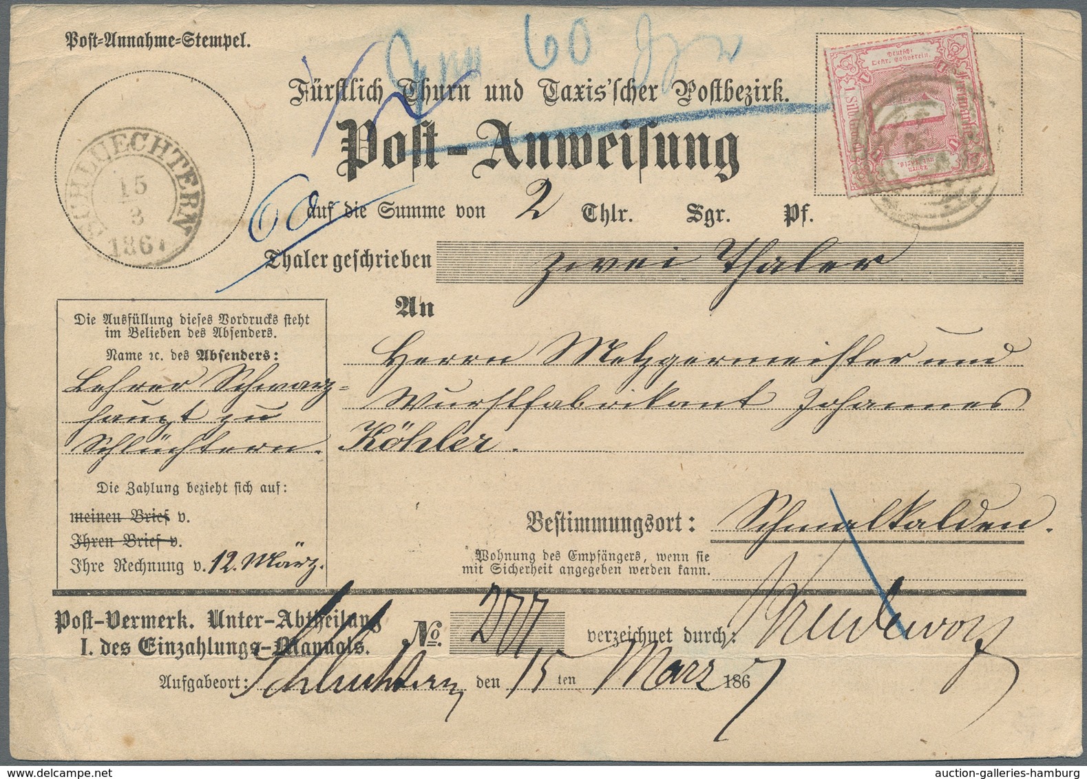 Thurn & Taxis - Marken Und Briefe: 1867, 1 Sgr Karminrot Als EF Auf Post-Anweisung über 2 Thaler Von - Otros & Sin Clasificación