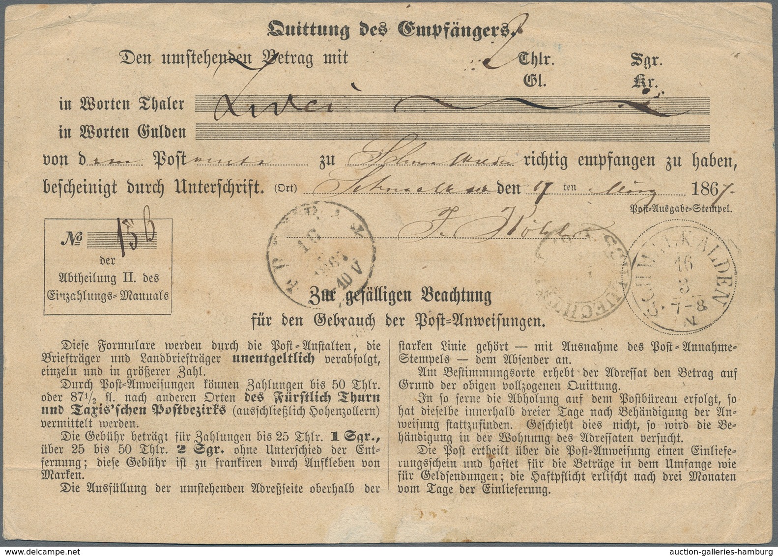 Thurn & Taxis - Marken Und Briefe: 1867, 1 Sgr Karminrot Als EF Auf Post-Anweisung über 2 Thaler Von - Otros & Sin Clasificación