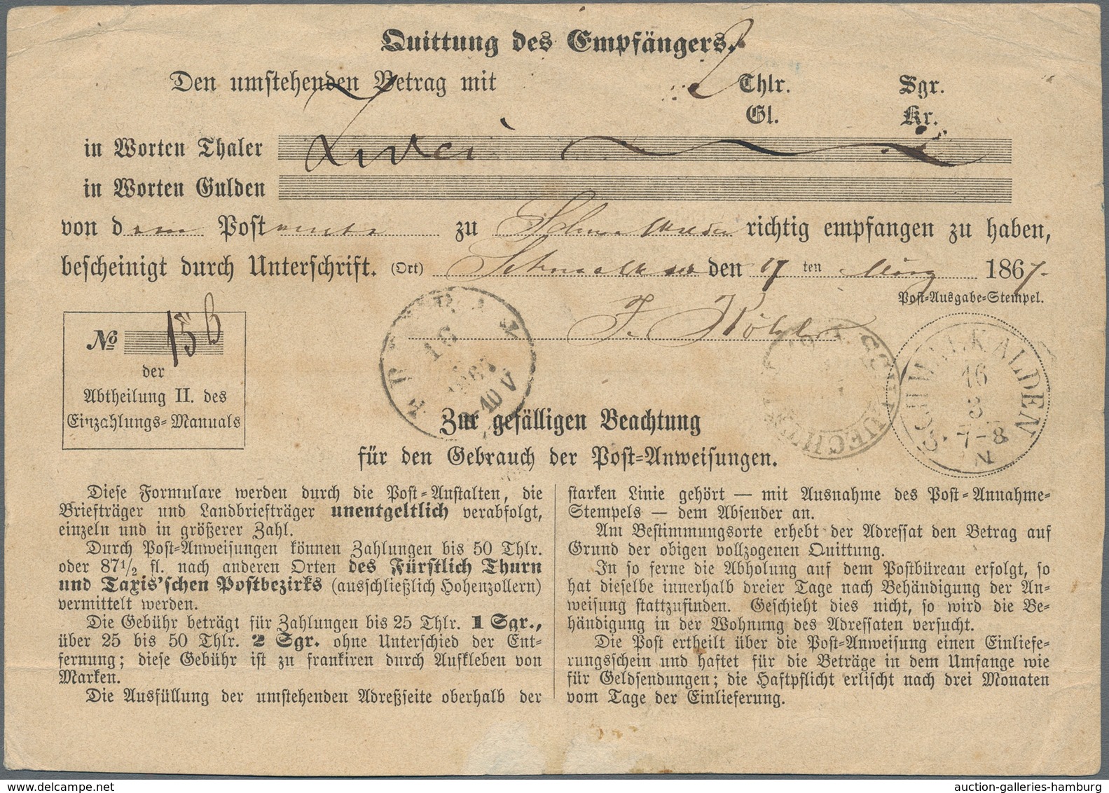 Thurn & Taxis - Marken Und Briefe: 1867, 1 Sgr Karminrot Als EF Auf Post-Anweisung über 2 Thaler Von - Andere & Zonder Classificatie