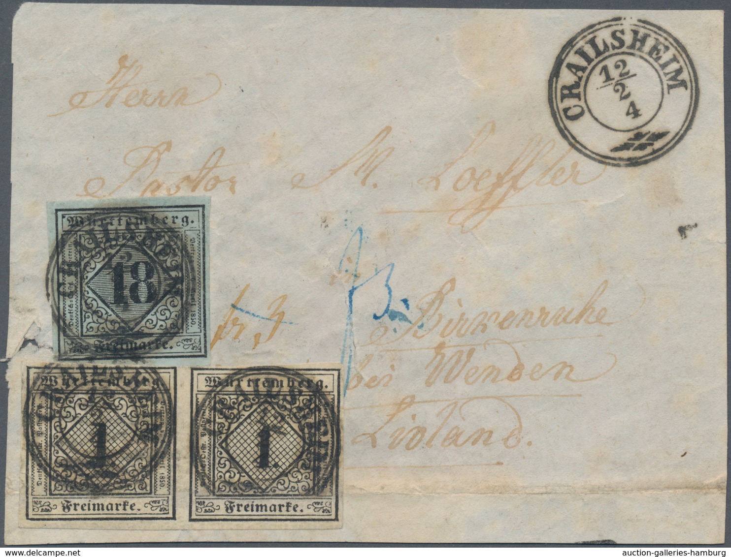Württemberg - Marken Und Briefe: 1851, 18 Kr. U. 2x 1 Kr. Auf Briefvorderseite Von "CRAILSHEIM 12/2 - Sonstige & Ohne Zuordnung