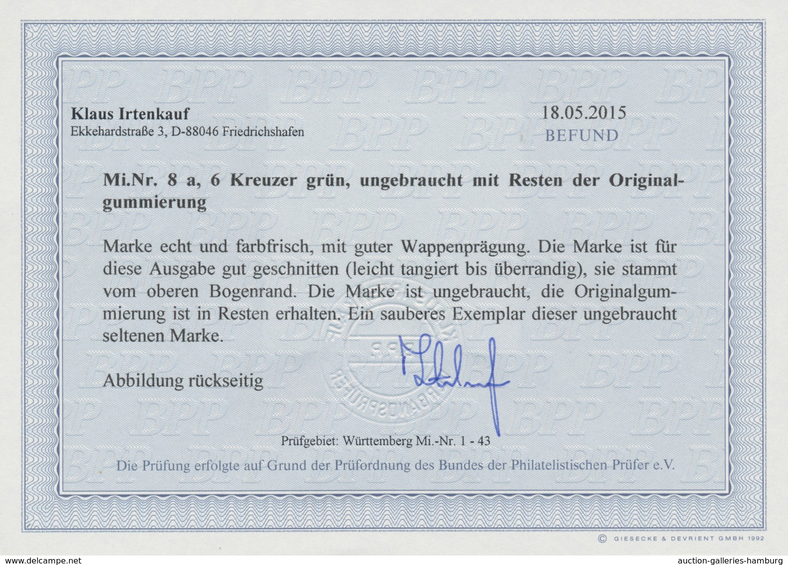 Württemberg - Marken Und Briefe: 1857, Freimarke Wappen, Gut Geschnittenes Exemplar Ungebraucht Mit - Autres & Non Classés