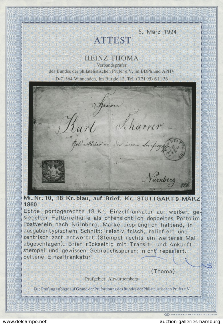 Württemberg - Marken Und Briefe: 1857, Wappenausgabe 18 Kreuzer Blau Mit Seidenfaden Farbfrisch Und - Sonstige & Ohne Zuordnung