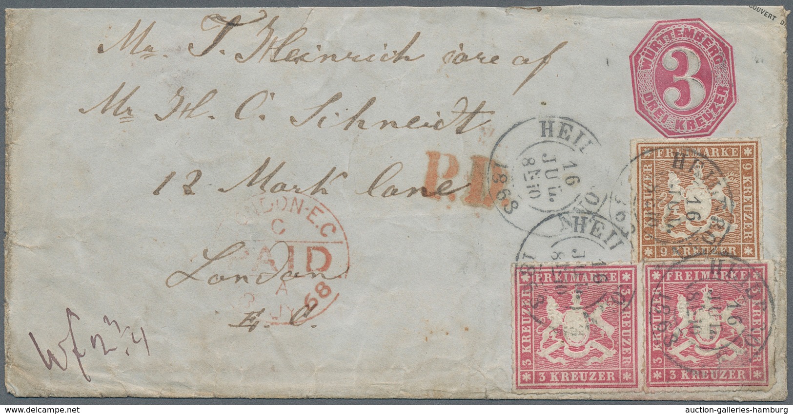 Württemberg - Marken Und Briefe: 1867, 9 Kr Rötlichbraun Und 2x 3 Kr Rotkarmin Als Zusatzfrankatur A - Otros & Sin Clasificación