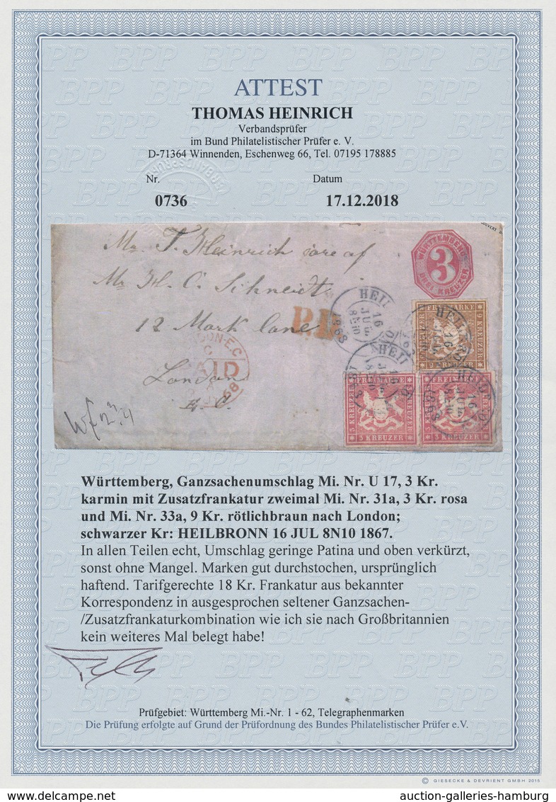 Württemberg - Marken Und Briefe: 1867, 9 Kr Rötlichbraun Und 2x 3 Kr Rotkarmin Als Zusatzfrankatur A - Autres & Non Classés