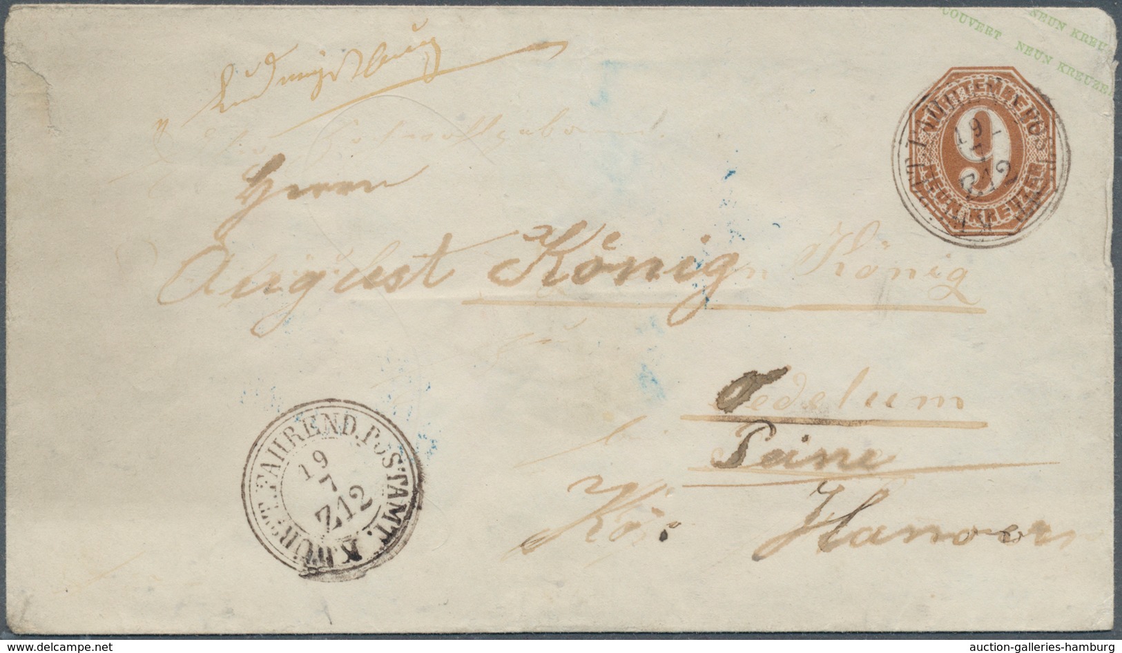 Württemberg - Ganzsachen: 1865, GA-Umschlag 9 Kr. Rotbraun (leicht Gereinigt) Mit Klappenstempel 5 R - Sonstige & Ohne Zuordnung