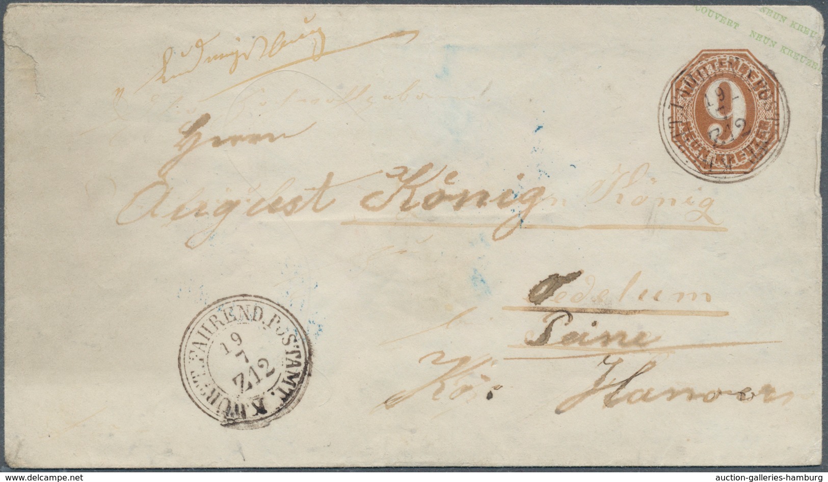 Württemberg - Ganzsachen: 1865, GA-Umschlag 9 Kr. Rotbraun (leicht Gereinigt) Mit Klappenstempel 5 R - Autres & Non Classés