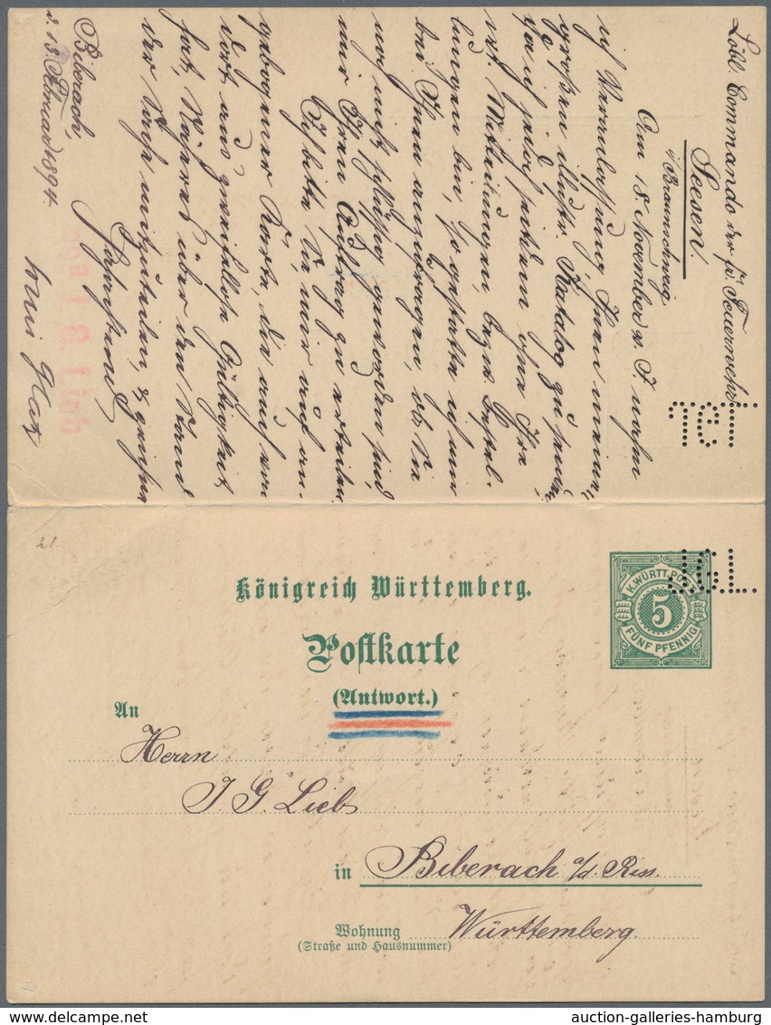 Württemberg - Ganzsachen: 1894, 5 Pfg Grün Doppel-Ganzsachenkarte Mit PERFIN "J.G.L." Von Biberach N - Other & Unclassified