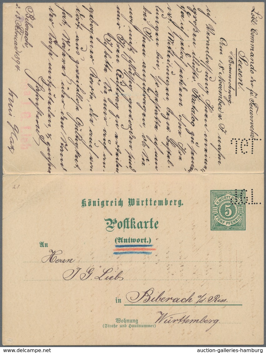 Württemberg - Ganzsachen: 1894, 5 Pfg Grün Doppel-Ganzsachenkarte Mit PERFIN "J.G.L." Von Biberach N - Andere & Zonder Classificatie