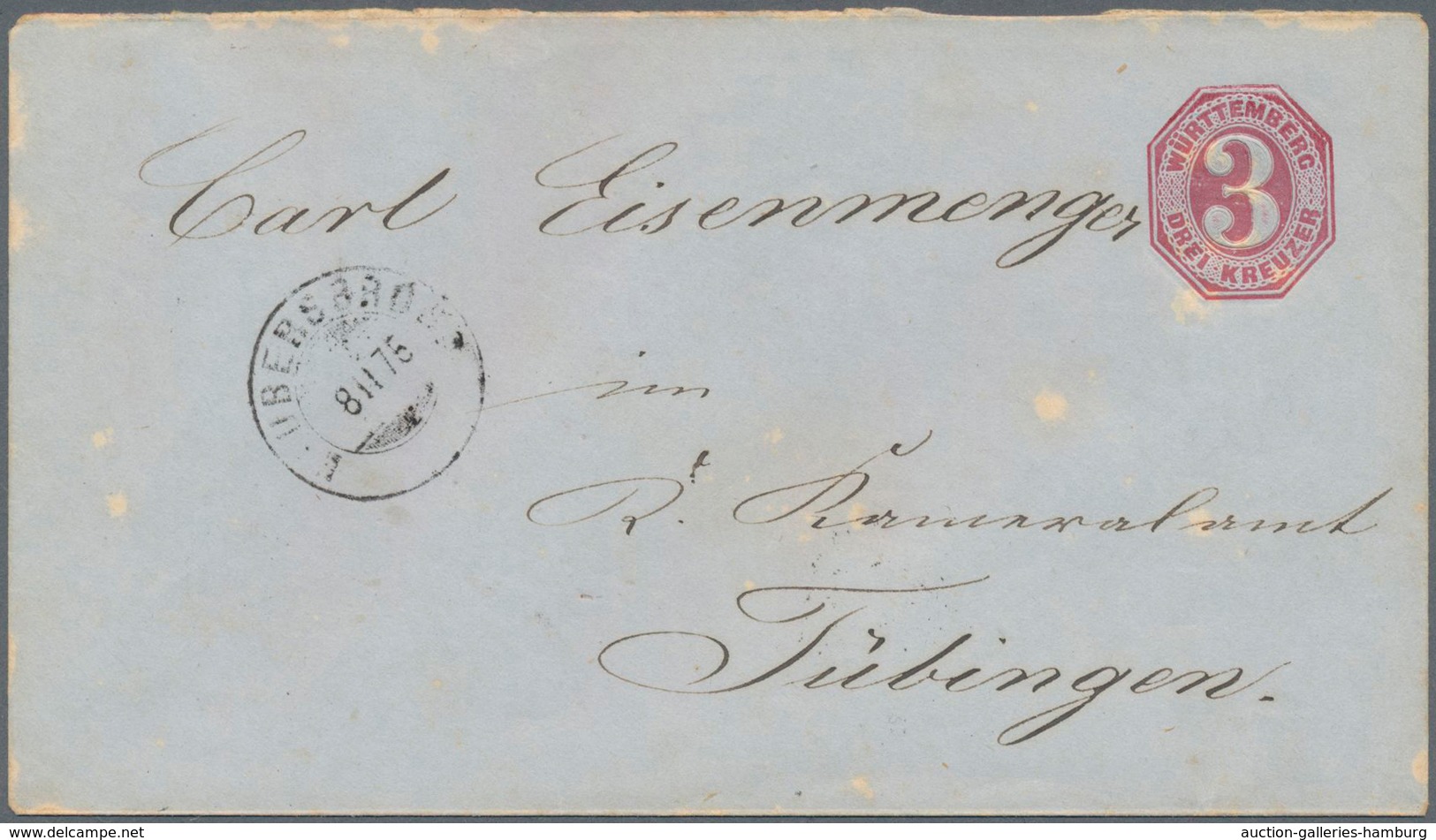 Württemberg - Stempel: HAUBERSBRONN: 1863, GA-Umschlag 3 Kr. (geringe Alterungsspuren), Portgerecht - Sonstige & Ohne Zuordnung