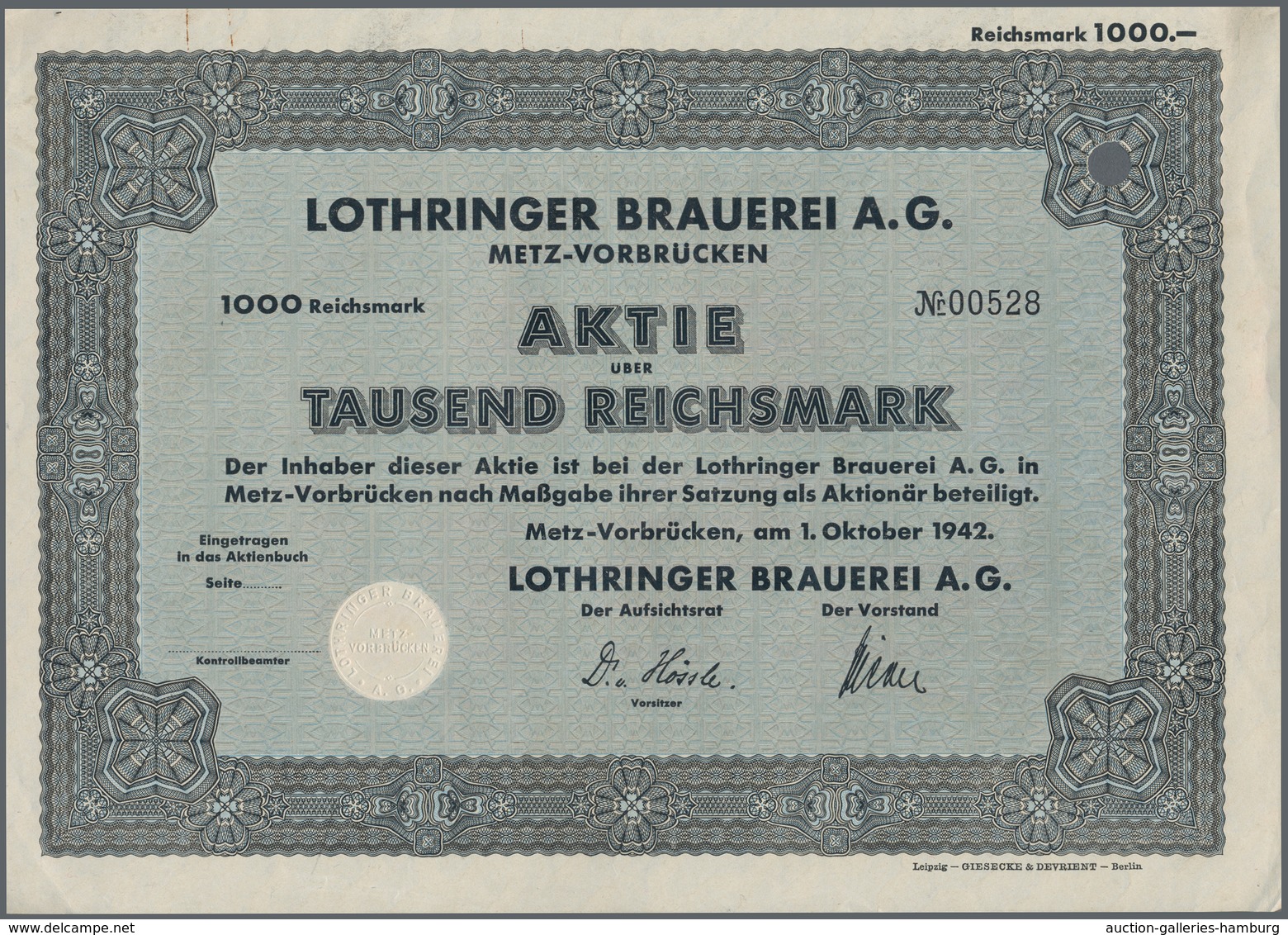 Elsass-Lothringen - Besonderheiten: 1942, Metz-Vorbrücken, Aktie über 1.000,- RM Der Lothringer Brau - Sonstige & Ohne Zuordnung