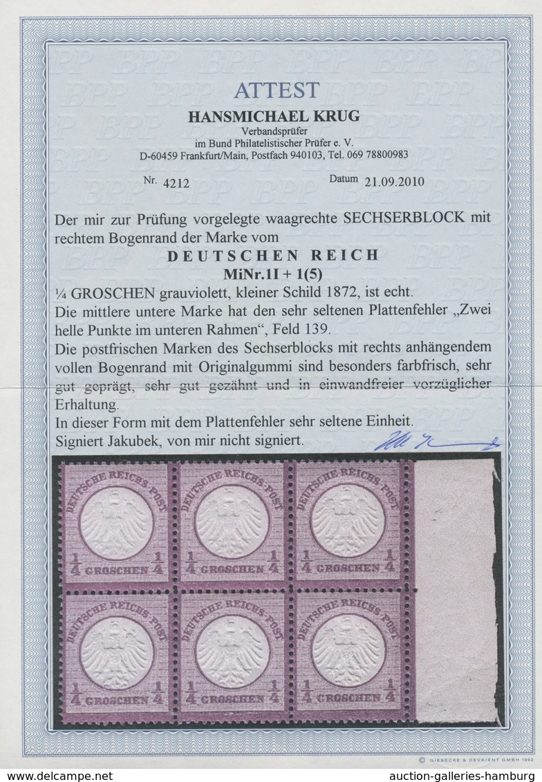 Deutsches Reich - Brustschild: 1872, 1/4 Gr. Grauviolett, Kleiner Schild Im Waagerechten 6er-Block M - Ungebraucht