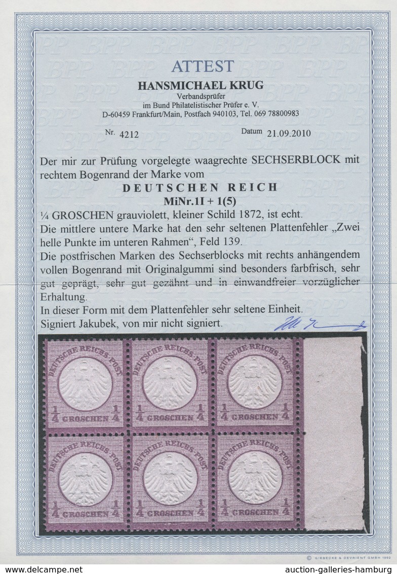 Deutsches Reich - Brustschild: 1872, 1/4 Gr. Grauviolett, Kleiner Schild Im Waagerechten 6er-Block M - Ongebruikt