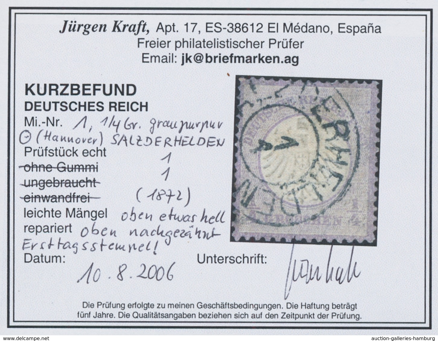 Deutsches Reich - Brustschild: 1872, "¼ Gr. Kleiner Schild", Sauber Mit Ersttagsstempel SALDERHELDEN - Nuevos