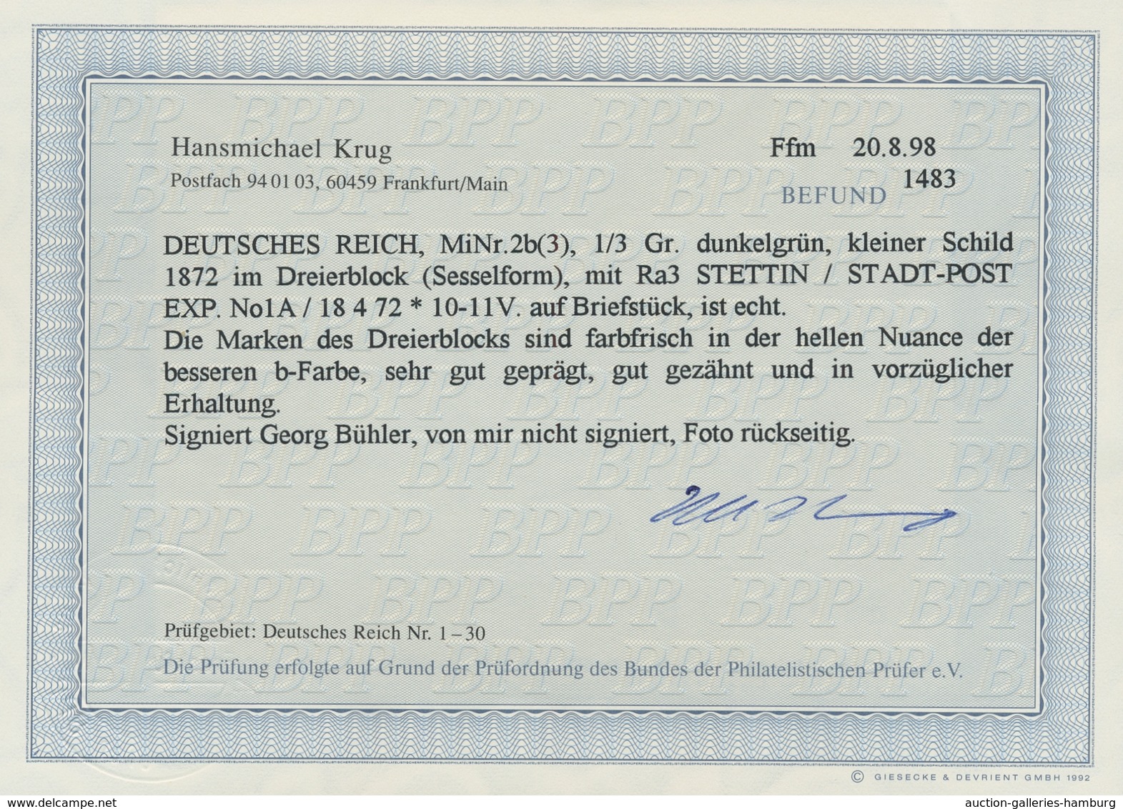 Deutsches Reich - Brustschild: 1872, "1/3 Gr. Dunkelgrün", Farbfrische Einheit Zu Drei Werten In "L" - Ungebraucht