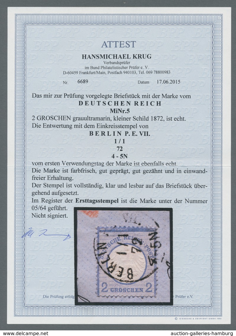 Deutsches Reich - Brustschild: 1872, "BERLIN 1.1.72", Idealer Klarer Ersttagsstempel Mit 2 Gr. Grauu - Ungebraucht