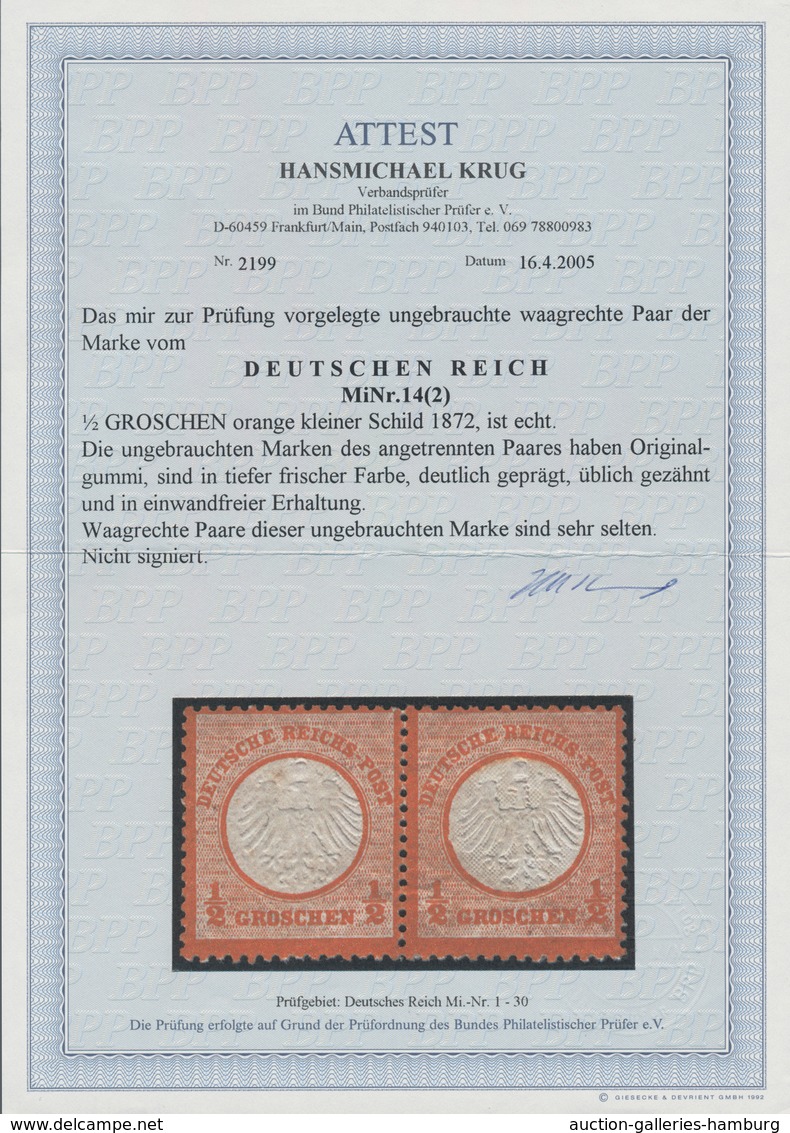 Deutsches Reich - Brustschild: 1872, 1/2 Gr. Orange, Kleiner Schild Im Waagerechten Paar, Leicht Ang - Unused Stamps