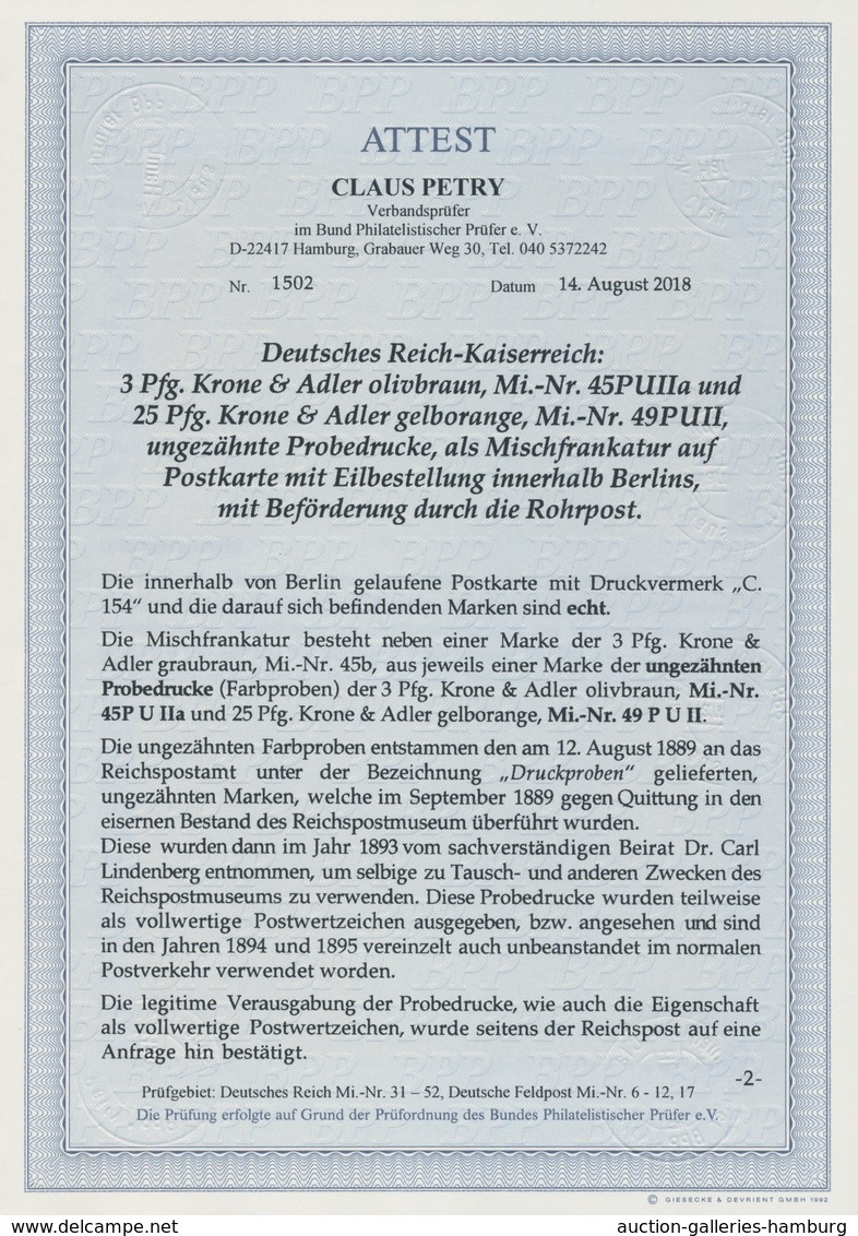 Deutsches Reich - Krone / Adler: 1889, 3 Pfg Olivbraun Sowie 25 Pfg Gelborange, Zwei Ungezähnte Prob - Cartas & Documentos