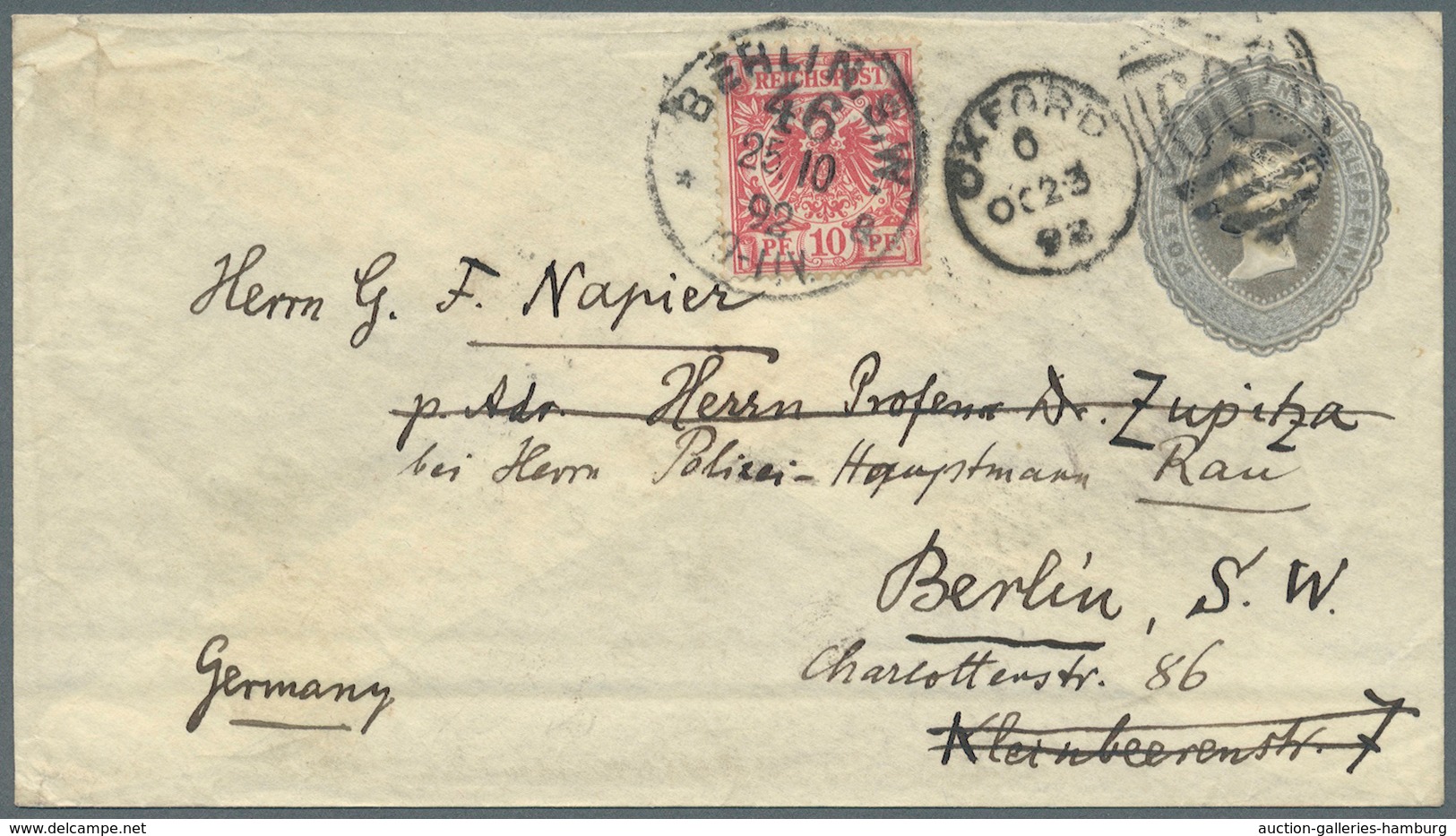 Deutsches Reich - Krone / Adler: 1892, 10 Pf Krone/Adler Als Nachsende-Frankatur Auf Engl. GSU Von " - Briefe U. Dokumente