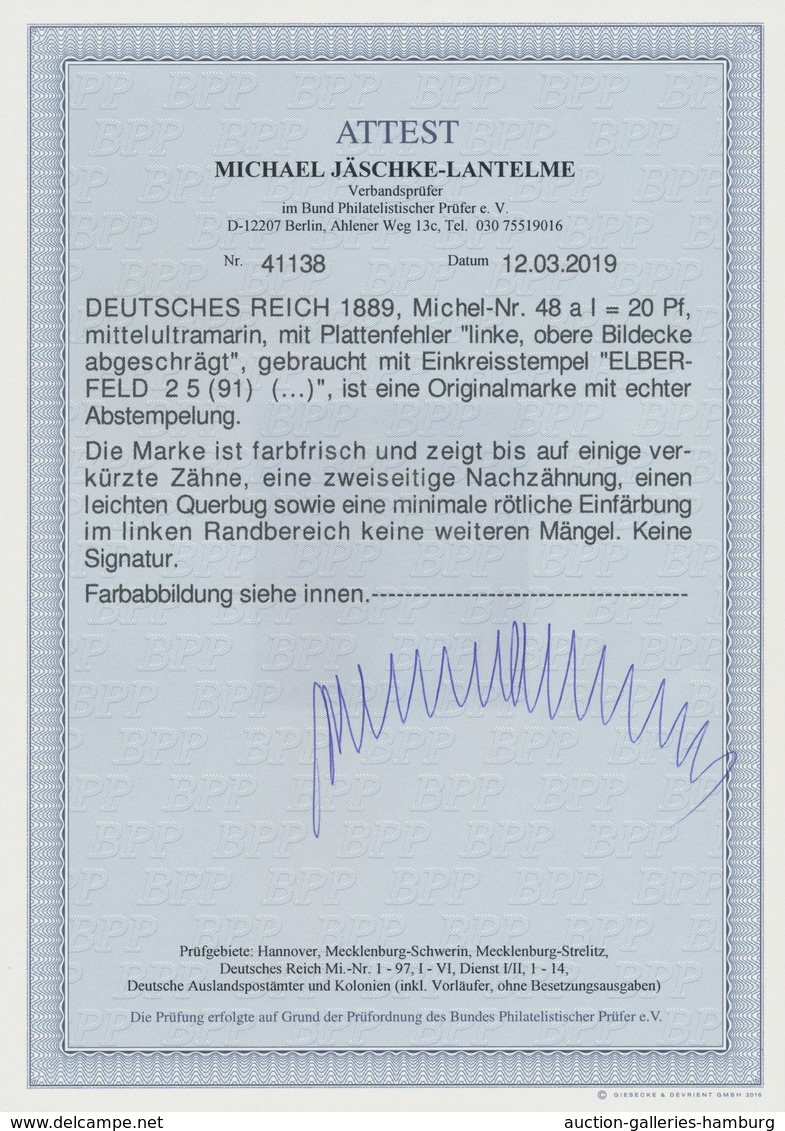 Deutsches Reich - Krone / Adler: 1889: 20 Pf. Mit Dem Seltenen Plattenfehler "linke Obere Bildecke A - Brieven En Documenten