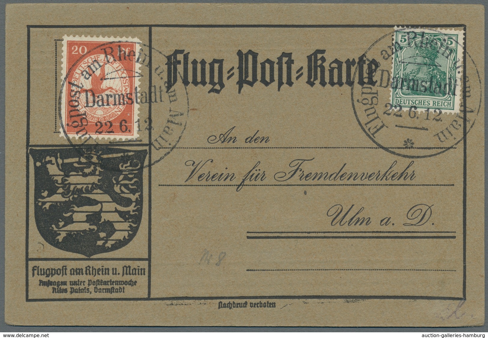 Deutsches Reich - Germania: 1912, Flugpost Rhein/Main, Offizielle Flugpostkarte Mit 5 Pfg. Germania - Otros & Sin Clasificación
