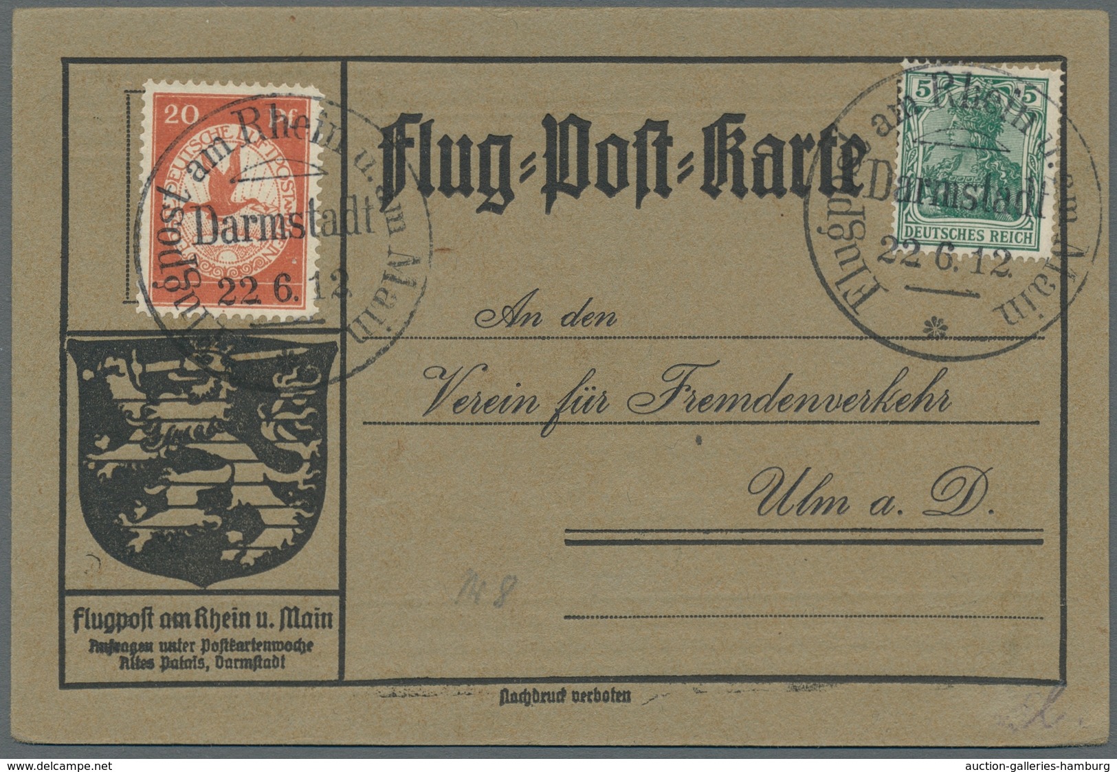 Deutsches Reich - Germania: 1912, Flugpost Rhein/Main, Offizielle Flugpostkarte Mit 5 Pfg. Germania - Autres & Non Classés