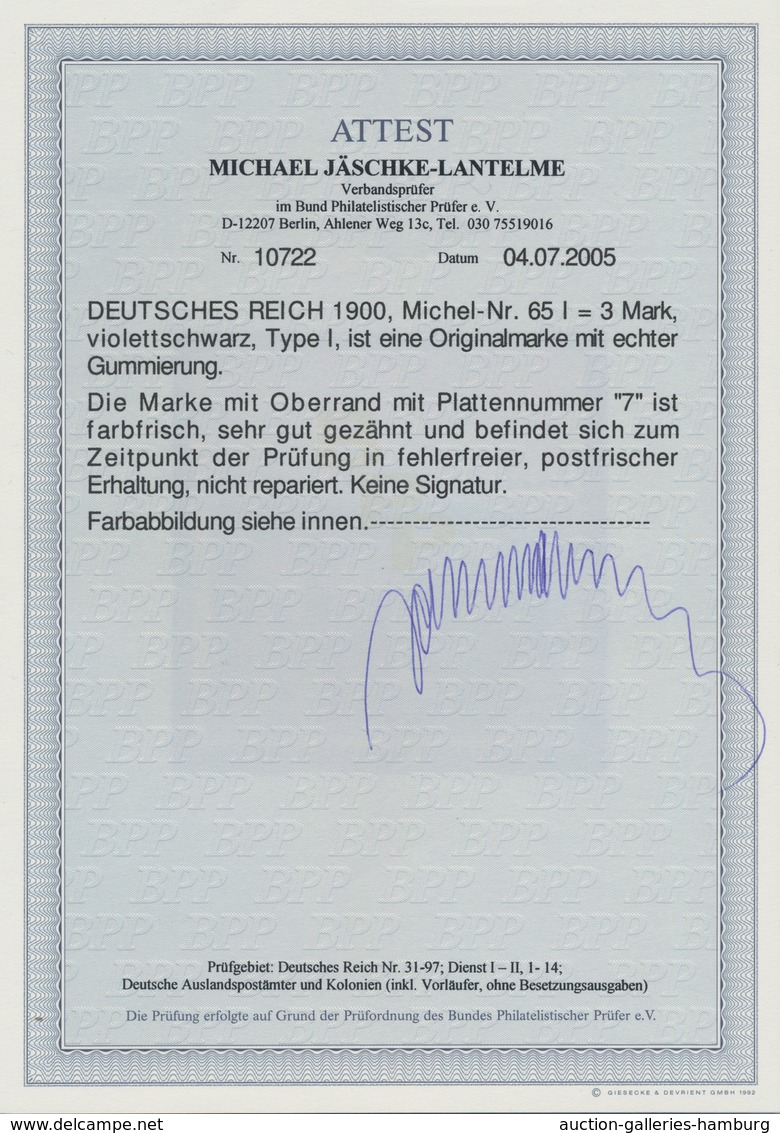 Deutsches Reich - Germania: 1900, 3 M. Reichspost Violettschwarz Vom Oberrand Mit Plattennummer "7" - Autres & Non Classés