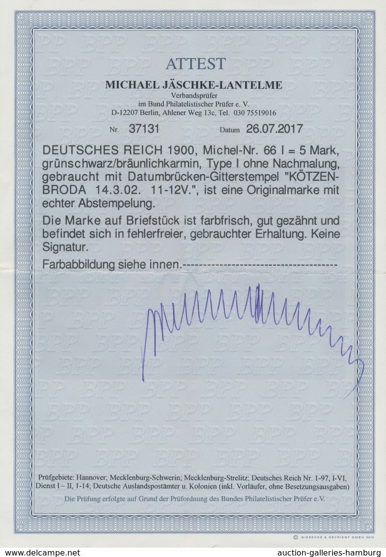 Deutsches Reich - Germania: 1900, Freimarke 5 Mark Grünschwarz/bräunlichkarmin, Type I Ohne Nachmalu - Other & Unclassified