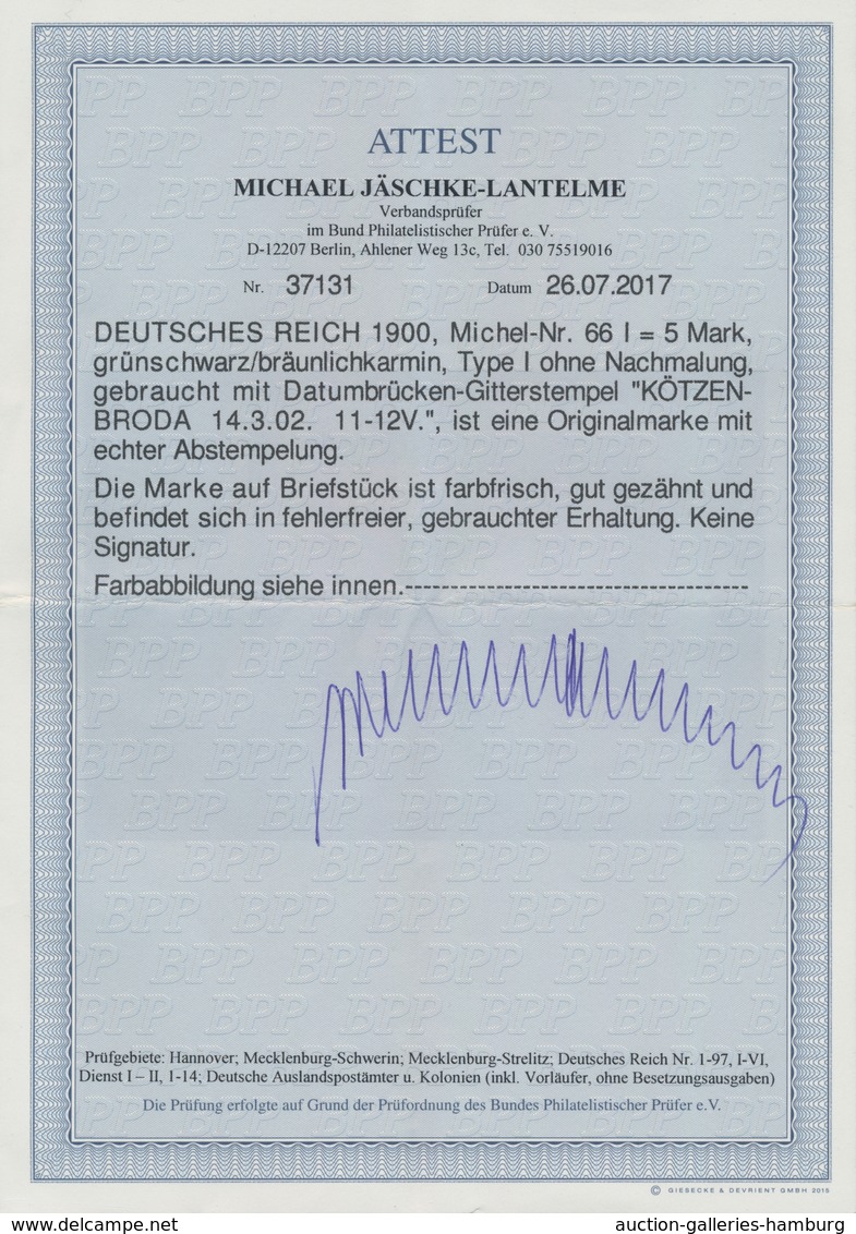 Deutsches Reich - Germania: 1900, Freimarke 5 Mark Grünschwarz/bräunlichkarmin, Type I Ohne Nachmalu - Autres & Non Classés