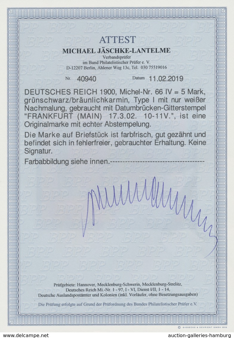 Deutsches Reich - Germania: 1902. Reichspost 5 Mark Type I Mit Nur Weißer Nachmalung Auf Perfektem L - Andere & Zonder Classificatie