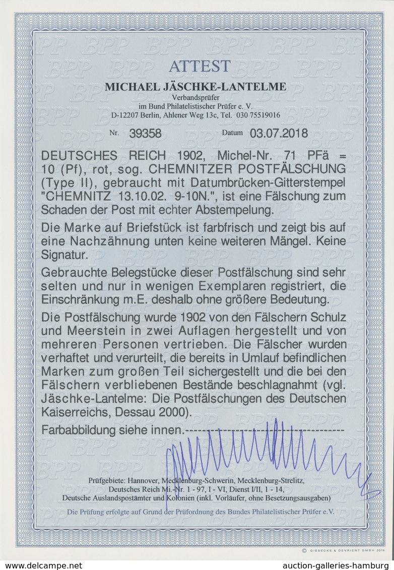 Deutsches Reich - Germania: 1902, 10 Pfg. Germania, CHEMNITZER POSTFÄLSCHUNG, Gezähnt (unten Etwas K - Otros & Sin Clasificación