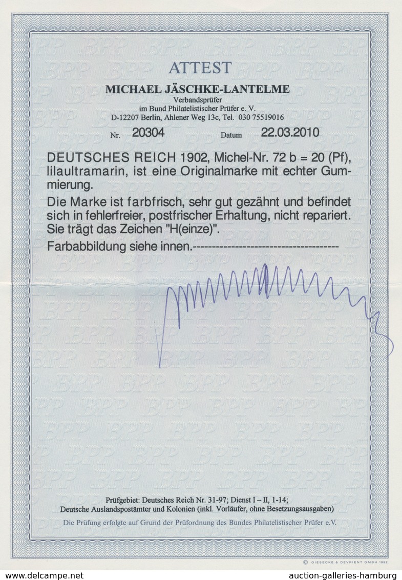 Deutsches Reich - Germania: 1902, 20 Pfg. Lilaultramarin, Farbfrisches Und Sehr Gut Gezähntes Exempl - Sonstige & Ohne Zuordnung