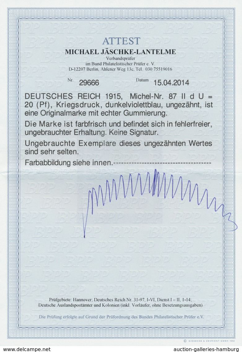 Deutsches Reich - Germania: 1915: 20 Pfg. Germania, Kriegsdruck Dunkelviolettblau Ungezähnt, Ungebra - Sonstige & Ohne Zuordnung